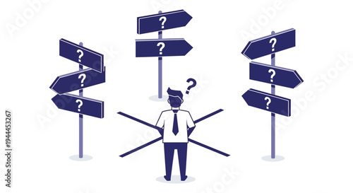 A man contemplates multiple directional signs with question marks representing indecision and choices in a flat silhouette high quality professional detailed