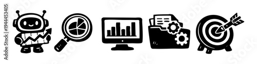 Set of hand-drawn business icons representing AI, data analytics, process automation, and goals. Minimalist black and white doodle style for technology and growth concepts.