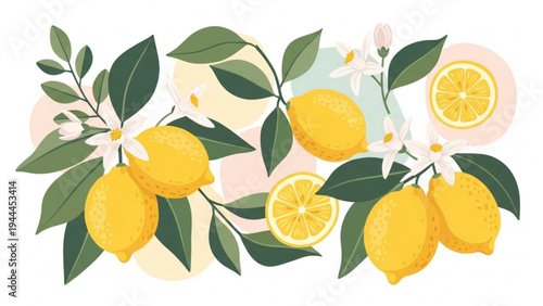 Fresh lemons and leaves on a decorative branch with slices