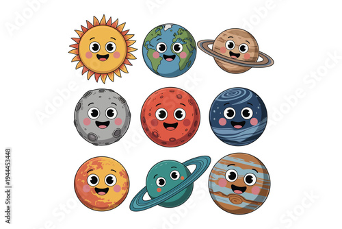 Charming cartoon depiction of the sun and planets with smiling faces ideal for educational resources on transparent background high-quality professional.