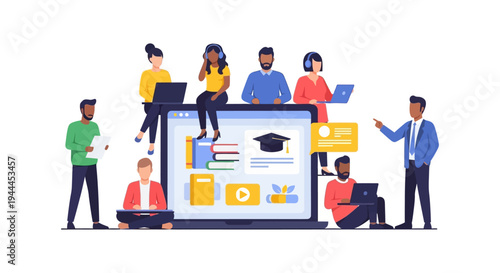 E-Learning Platform: Diverse Students & Educators Engaged in Online Education, Digital Courses, and Remote Learning Collaboration