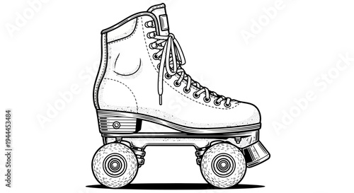 Vintage Retro Quad Roller Skate Black and White Illustration. Classic Rollerblading Footwear Line Art Drawing for Leisure and Sport.