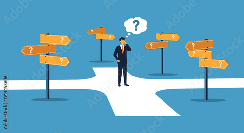 A businessman stands at a crossroads of decision surrounded by question marks and directional signs silhouette high quality professional detailed modern