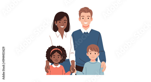 Happy Diverse Family Portrait Illustration - Smiling Multiracial Parents and Children Together