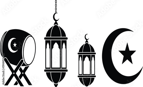 Ramadan Kareem icon set with Islamic lanterns, crescent moon star and traditional drum symbol, decorative elements for Eid Mubarak celebration vector illustration