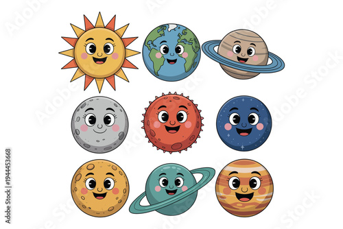 Charming cartoon depiction of the sun and planets with smiling faces ideal for educational resources on transparent background high-quality professional.