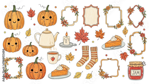 Fall-themed decorations include pumpkins, leaves, and food on a table.