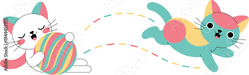 Cute cartoon cats playing with colorful yarn ball in playful style, adorable kitten illustration for kids design, nursery decor, pet theme and fun character concept