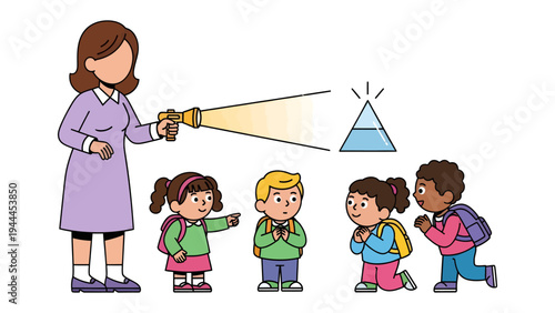 Teacher and Pupils Exploration: A dedicated teacher leads a group of eager pupils in an engaging scientific experiment, exploring the properties of light through a prism.