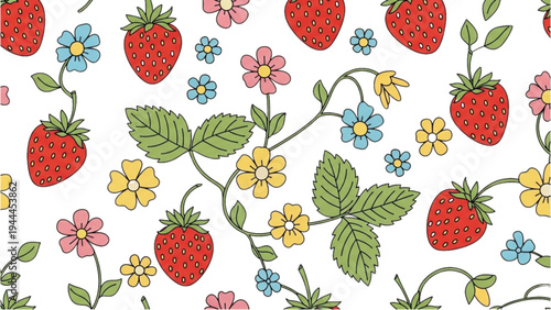 Vibrant strawberries and flowers bloom in garden with lush green leaves