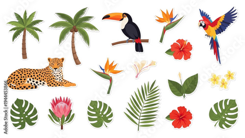 Tropical scene with ocelot, toucan, parrot, and various plants in jungle.