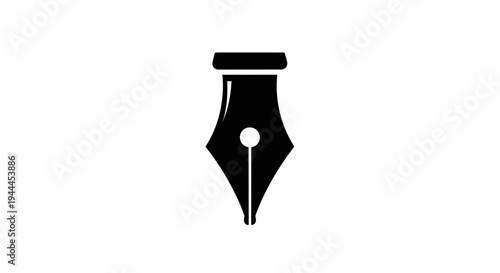 A black silhouette of a classic fountain pen nib with a small circular hole, centered on a plain white background, symbolizing writing and creativity.