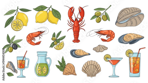 Fresh seafood and citrus fruits arranged on a table indoors