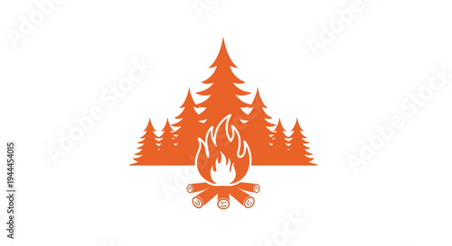 An orange silhouette illustration featuring a burning campfire with logs in front of a dense forest of pine trees on a white background, evoking outdoor adventure.