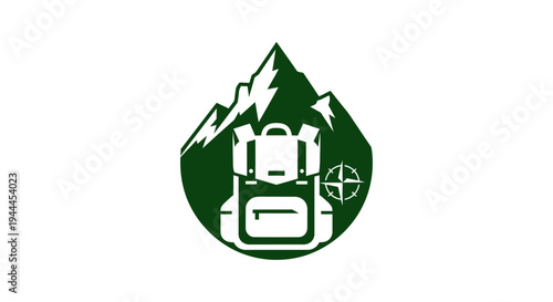Green emblem featuring stylized mountain peaks, a hiking backpack, and a compass rose, symbolizing outdoor adventure and exploration.