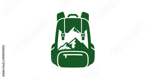 Green hiking backpack with mountain design on a white background, symbolizing outdoor adventure and exploration.