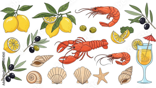 Fresh seafood and fruits arranged on a table outdoors with drinks