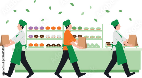 Bakery shop workers carrying shopping bags walking past donut display counter pastry store staff retail bakery teamwork illustration