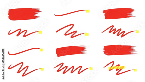 The digital illustration shows various red brush strokes and swirls with yellow tips on a white background.