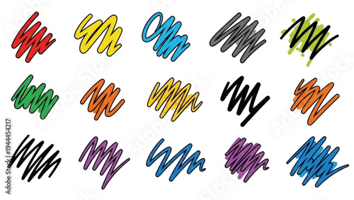 A colorful illustration of various scribbles and lines in multiple hues on a white background.