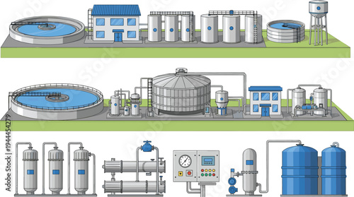 Industrial water treatment plant system with filtration tanks pipelines control units reservoirs and processing equipment set vector illustration