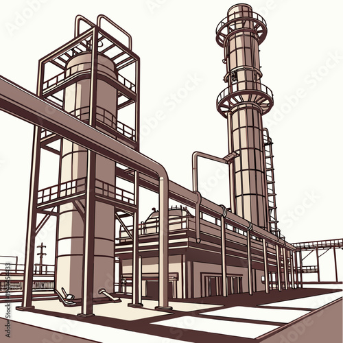 Industrial facility with smokestack and pipelines factory
