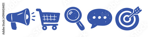 Blue hand-drawn business icons set including a megaphone, shopping cart, magnifying glass, speech bubble, and target. Perfect for marketing, e-commerce, and communication designs.