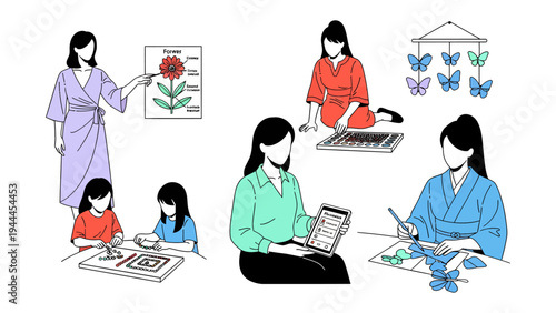 Education and Creativity: A collection of illustrations showcasing various educational and creative activities, designed for learning and exploration.