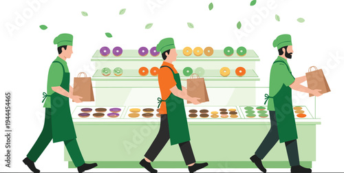 Bakery shop workers carrying shopping bags in front of donut display counter pastry store staff teamwork retail bakery concept