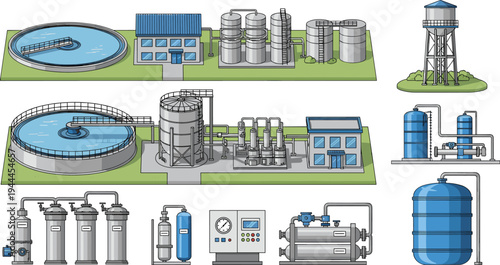 Isometric industrial water treatment plant system with filtration tanks, storage reservoirs, purification equipment, pipelines, control units and modern infrastructure vector illustration