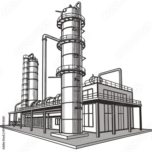 Industrial complex with cylindrical tanks and smokestacks
