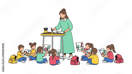 Creative Minds in Bloom: A group of children eagerly create artworks in an art class. A teacher guides young minds through the colorful world of painting and drawing. 