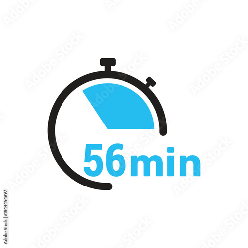 56 minute mark icon of a stopwatch displaying a blue symbolizing a time duration. simple, modern design with bold colors.