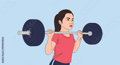 Young woman in a red shirt concentrates while lifting a heavy barbell over her shoulders during an intense gym workout session.