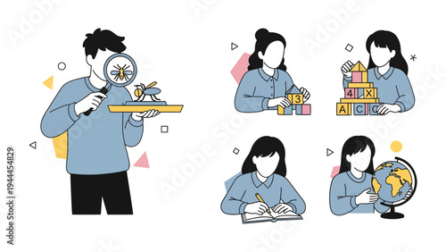 Curiosity and Discovery: A diverse ensemble of individuals are seen immersed in exploration.