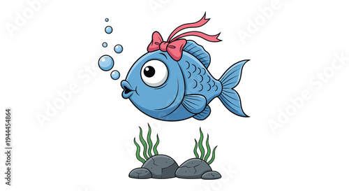 Cute blue cartoon fish wearing a pink ribbon bow swims near the seabed blowing bubbles among green seaweed and gray rocks.
