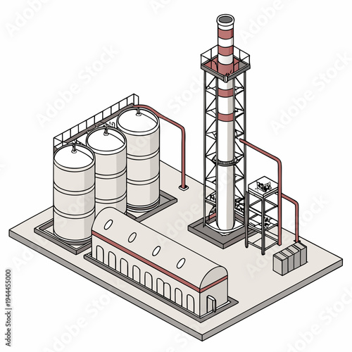 Industrial complex with smokestack and storage tanks