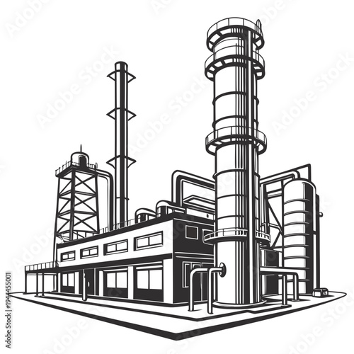 Industrial complex with smokestacks and processing equipment
