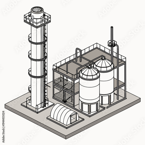 Industrial facility with smokestack and storage tanks