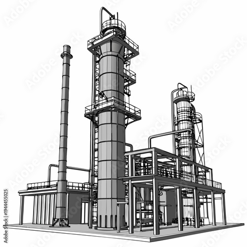 Industrial facility with smokestacks and staircases