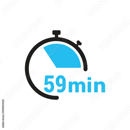 59 minute mark icon of a stopwatch displaying a blue symbolizing a time duration. simple, modern design with bold colors.