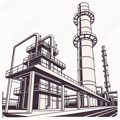 Industrial facility with smokestacks and walkways factory