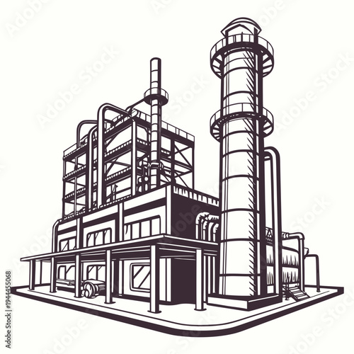 Industrial Plant with Smokestack and Piping valves
