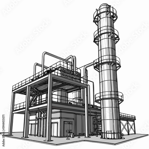 Industrial facility with smokestack and catwalk building