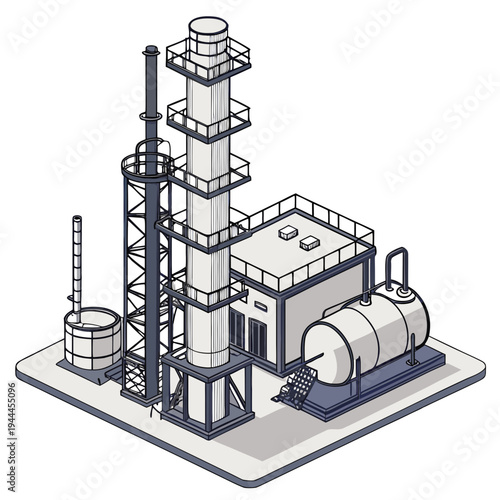 Industrial plant with smokestack and cylindrical tanks