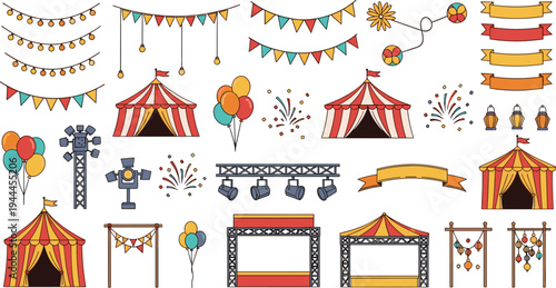 Circus Carnival Decoration Elements Collection with Tents, Flags, Balloons, Lights, Banners, and Festival Event Design Vector Set