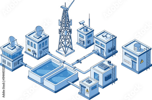 Isometric water treatment and communication infrastructure system with filtration tanks pipelines industrial buildings control units antenna tower vector illustration