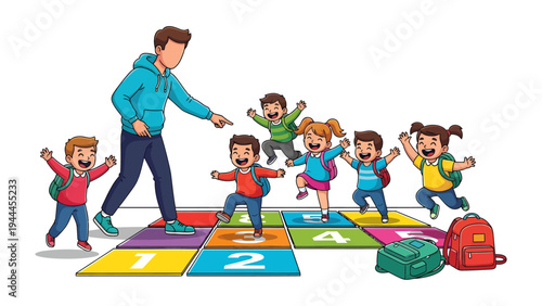 Joyful Hopscotch: A cheerful teacher guides a group of enthusiastic students playing hopscotch. Each square brings a new burst of energy and playful learning.