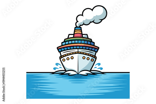 Colorful stylized illustration of a cruise ship with a smokestack sailing on blue waves on transparent background high-quality professional detailed.