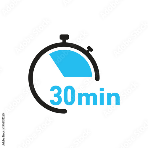 30 minute mark icon of a stopwatch displaying a blue symbolizing a time duration. simple, modern design with bold colors.